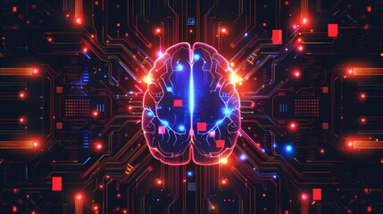 A synthetic brain integrated into an intricate electronic circuit board, symbolizing the convergence of biological and artificial intelligence with illuminated components