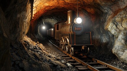 Vintage Locomotive Passing Through a Mine Tunnel: A Scene Featuring Rough Stone Walls with Orange and Gray Shades, Illuminated by Bright Ceiling Lamps and the Locomotive's Headlight. 