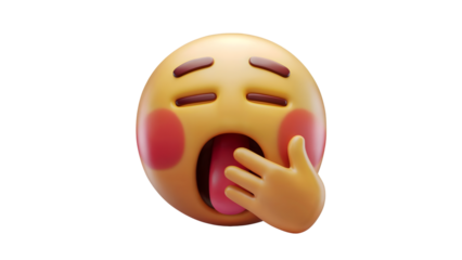 A rendering of a 3D emoji with a sleepy expression, yawning while covering its mouth with one hand, and its eyes closed