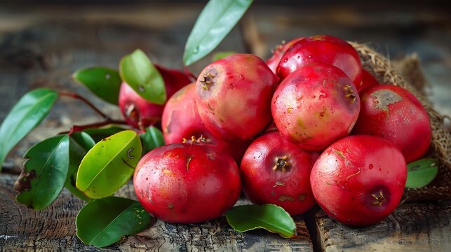 Fresh mangaba fruits in a small pile on a rustic wooden surface showcasing their vibrant red color and unique texture surrounded by fresh green leaves for a natural feel