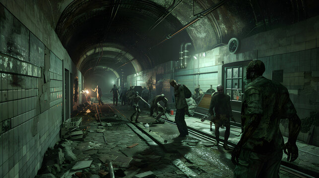 Group of survivors barricade themselves in abandoned building, fending off the approaching zombie horde outside.