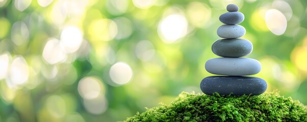 Obraz premium Stacked Stones on a Patch of Moss with a Bokeh Background