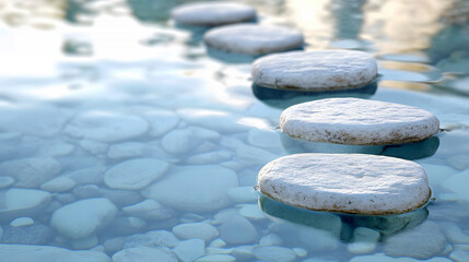 Stone slabs on a glassy water surface, with light-colored rocks reflecting calm and simplicity