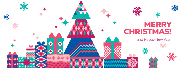 Christmas abstract geometric background with a tree and many gifts in a beautiful package with different patterns. Bright catchy Christmas banner with gifts, creative tree, snowflakes and flashes.
