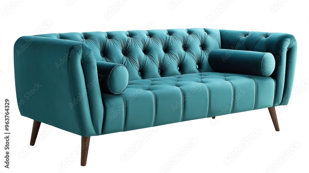 Wall mural Stylish Teal Velvet Sofa with Modern Design: Featuring Tufted Backrest, Plush Cushioning, and Decorative Cylindrical Pillows