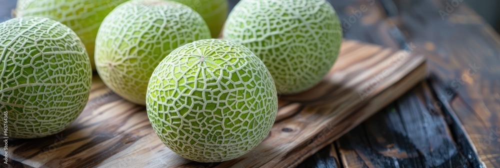 Sticker green netted melon on a wooden cutting board.