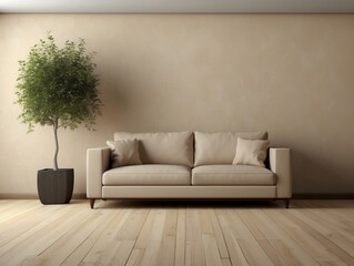 Fototapeta premium Minimalist Living Room Interior with Beige Sofa and Green Plant