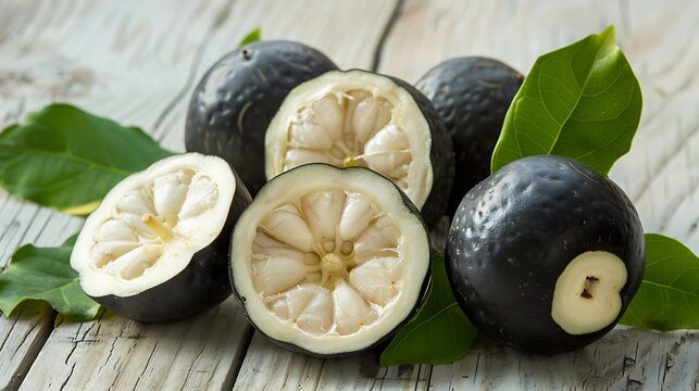 Several pitomba fruits on a light wooden surface with halved fruit revealing juicy white flesh and green leaves for a natural food photography composition