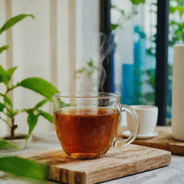 3D Render of a cup of tea on a wooden board with steam coming off of it.