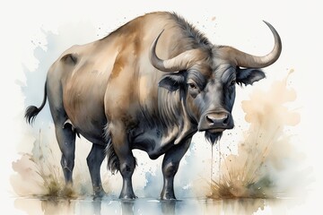 Watercolor Buffalo: A full-body watercolor painting of a buffalo