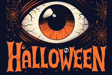 Happy Halloween orange lettering text on black background with scary monster eye and spider web. Creepy retro poster, banner or greeting card 