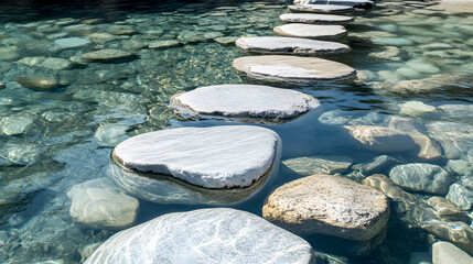 Stone slabs on clear water, where light-colored rocks reflect pure serenity and simplicity