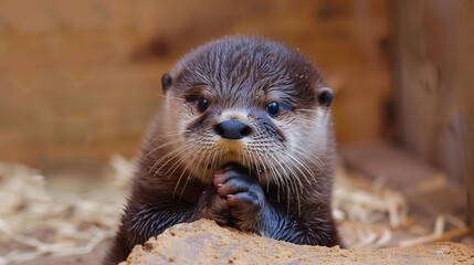 Obraz premium Adorable Baby Otter: A Cute and Playful Baby Otter in a Heartwarming Pose. This charming image features a young otter with soft fur and a sweet expression, capturing its playful and endearing nature. 