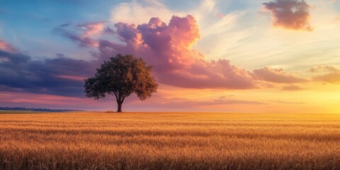 Fototapeta premium A Single Tree in the Open Field with Wheat and Sunset Sky 