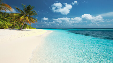 Tropical sea beach scene with clear turquoise water, white sandy shore and palm trees under a bright blue sky on a sunny day