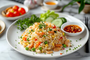 A white plate topped with rice and vegetables