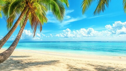 Obraz premium Tropical sea beach scene with clear turquoise water, white sandy shore and palm trees under a bright blue sky on a sunny day