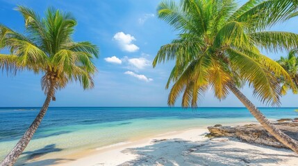 Tropical sea beach scene with clear turquoise water, white sandy shore and palm trees under a bright blue sky on a sunny day