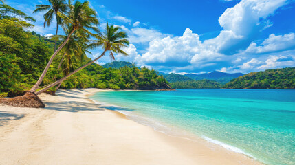 Obraz premium Tropical sea beach scene with clear turquoise water, white sandy shore and palm trees under a bright blue sky on a sunny day