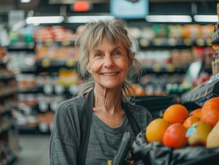 A senior female worker arranging fresh produce, including fruit as apples and oranges, on the shelves of a grocery store, smiling warmly.