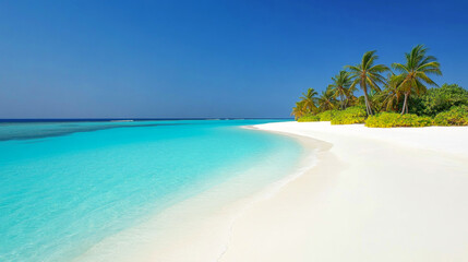 Tropical sea beach scene with clear turquoise water, white sandy shore and palm trees under a bright blue sky on a sunny day