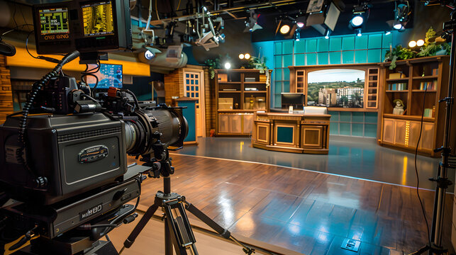 A modern news TV show set featuring sleek design, raw materials, and a wide aspect ratio.
