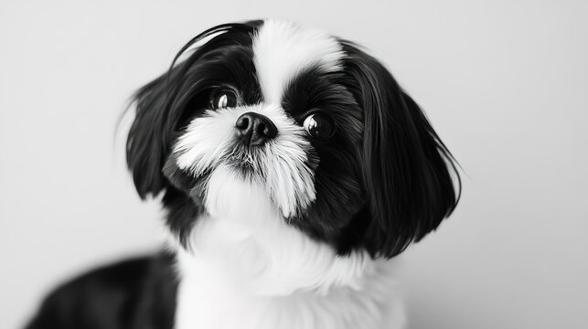 Black and White Shih Tzu: Detailed Illustration of a Shih Tzu Dog in Classic Black and White Colors. A high-contrast image showcasing a Shih Tzu with its distinctive black and white coat. 