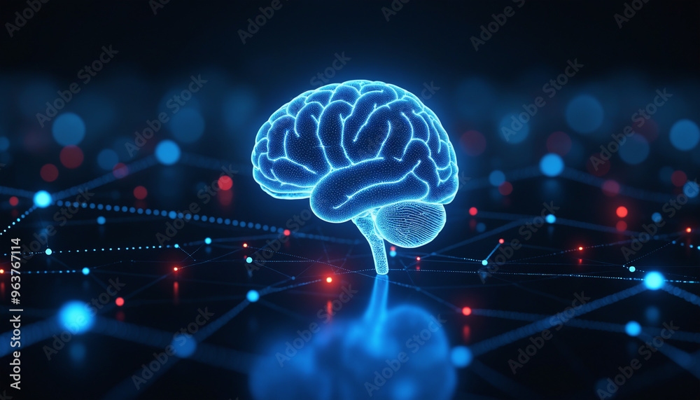 Poster brain icon with network connectivity: a brain icon embedded in a digital network, symbolizing artifi