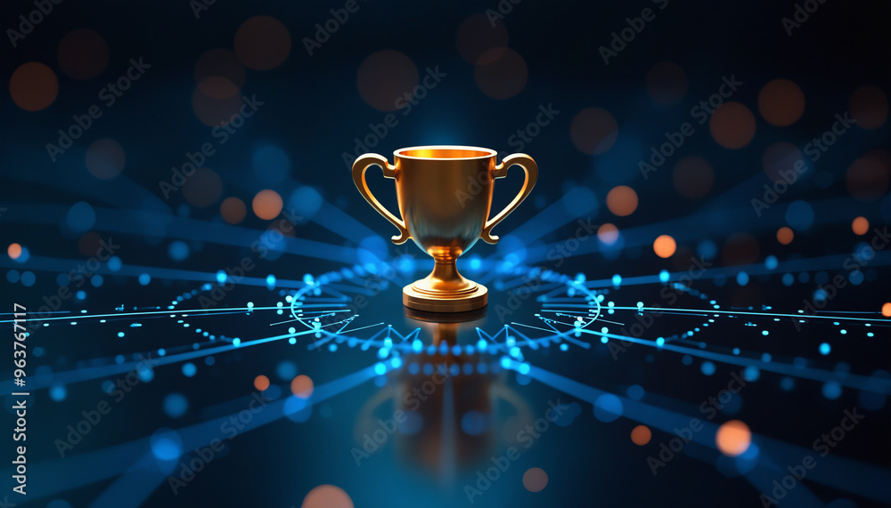 Wall mural trophy icon with network connectivity: a trophy icon embedded in a digital network, symbolizing achi