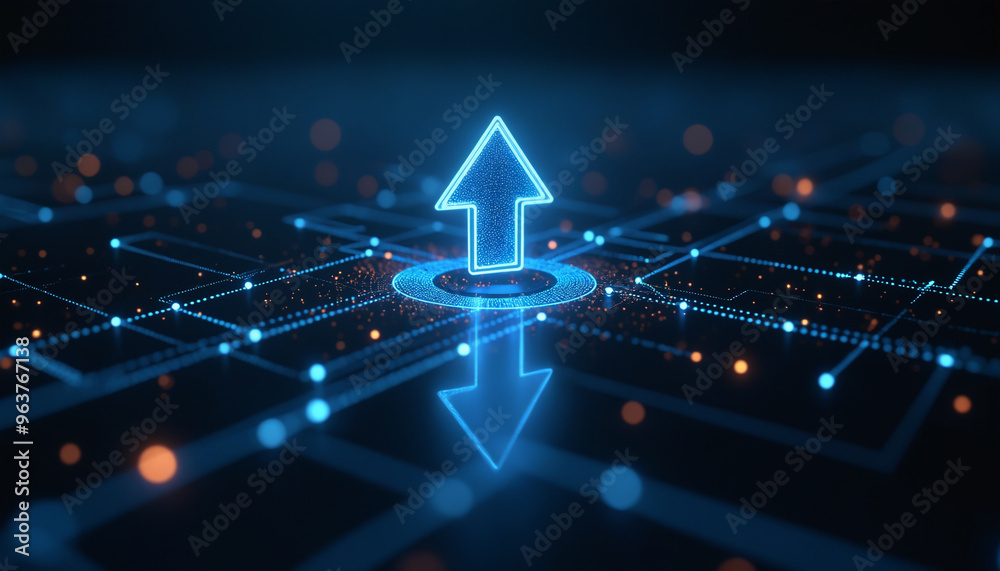 Poster upload arrow icon with network connectivity: an upload arrow icon within a digital network, symboliz