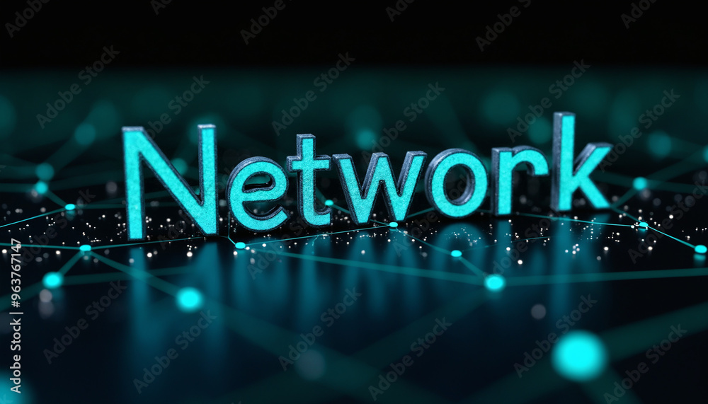 Poster network text in connected digital grid: the term network highlighted within a digital grid, represen