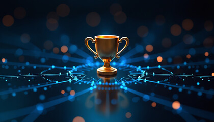 Trophy Icon with Network Connectivity: A trophy icon embedded in a digital network, symbolizing achievement and success in a connected technological environment.