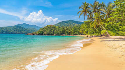 Tropical sea beach scene with clear turquoise water, white sandy shore and palm trees under a bright blue sky on a sunny day