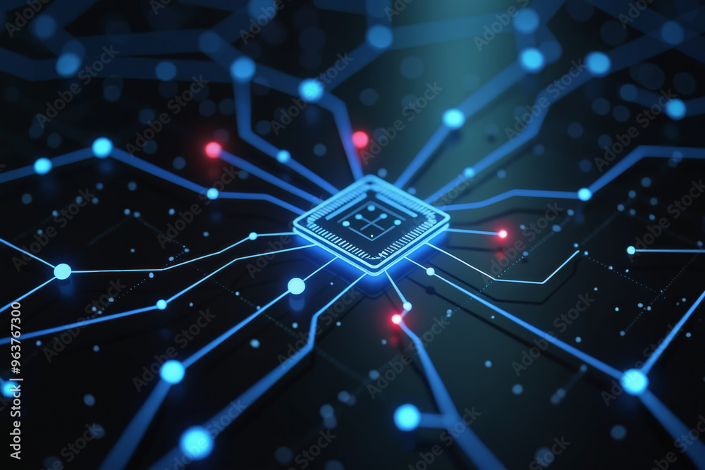 Poster a computer chip prominently placed on a circuit board, surrounded by intricate connections and compo