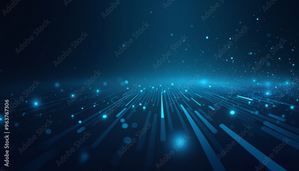 Poster an abstract image featuring a dark blue background highlighted by glowing lines and dots. the scene 
