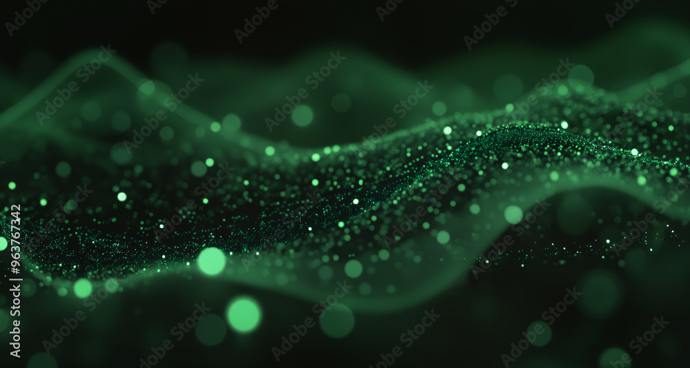 Poster an abstract digital image with a green background featuring dots and lines. the design represents a 