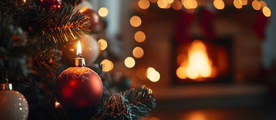 A Christmas tree with a red ornament on it and a fireplace in the background
