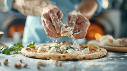 A pizzaiolo retrieving a piping hot pizza from a wood-fired oven.