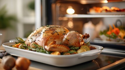 Fototapeta premium A rustic oven bakes a golden-brown roasted turkey with crispy skin and root vegetables.