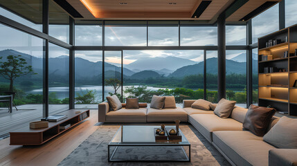 Fototapeta premium luxurious modern style living room with floor-to-ceiling windows and beautiful scenery outside the window of Liark Mountain in Chinese mountains