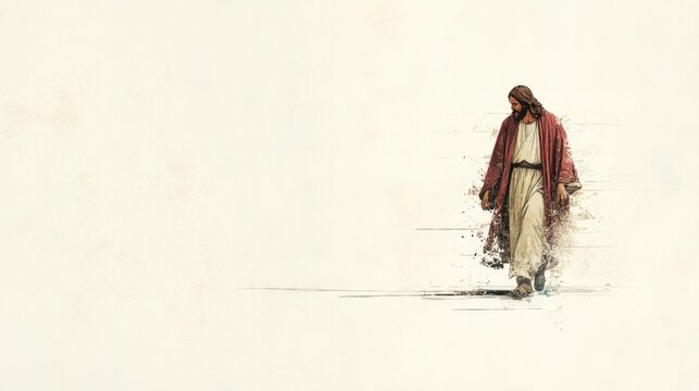 Jesus Christ walking on white background. Watercolor digital painting. Copy space.
