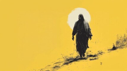Naklejka premium Resurrection. Man walking on a hill. Illustration in vintage style. Conceptual image.