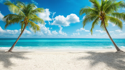 Tropical sea beach scene with clear turquoise water, white sandy shore and palm trees under a bright blue sky on a sunny day