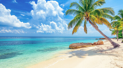 Tropical sea beach scene with clear turquoise water, white sandy shore and palm trees under a bright blue sky on a sunny day