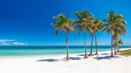 Obraz premium Tropical sea beach scene with clear turquoise water, white sandy shore and palm trees under a bright blue sky on a sunny day