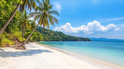 Tropical sea beach scene with clear turquoise water, white sandy shore and palm trees under a bright blue sky on a sunny day