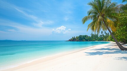 Obraz premium Tropical sea beach scene with clear turquoise water, white sandy shore and palm trees under a bright blue sky on a sunny day