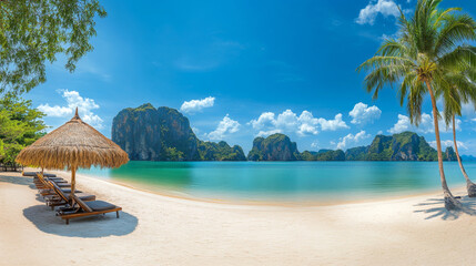 Tropical sea beach scene with clear turquoise water, white sandy shore and palm trees under a...