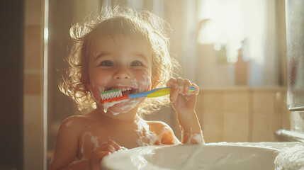 Child Brushing Teeth in Morning Light