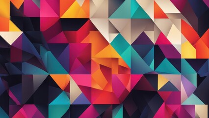 A vibrant geometric abstract design featuring colorful triangles and shapes.